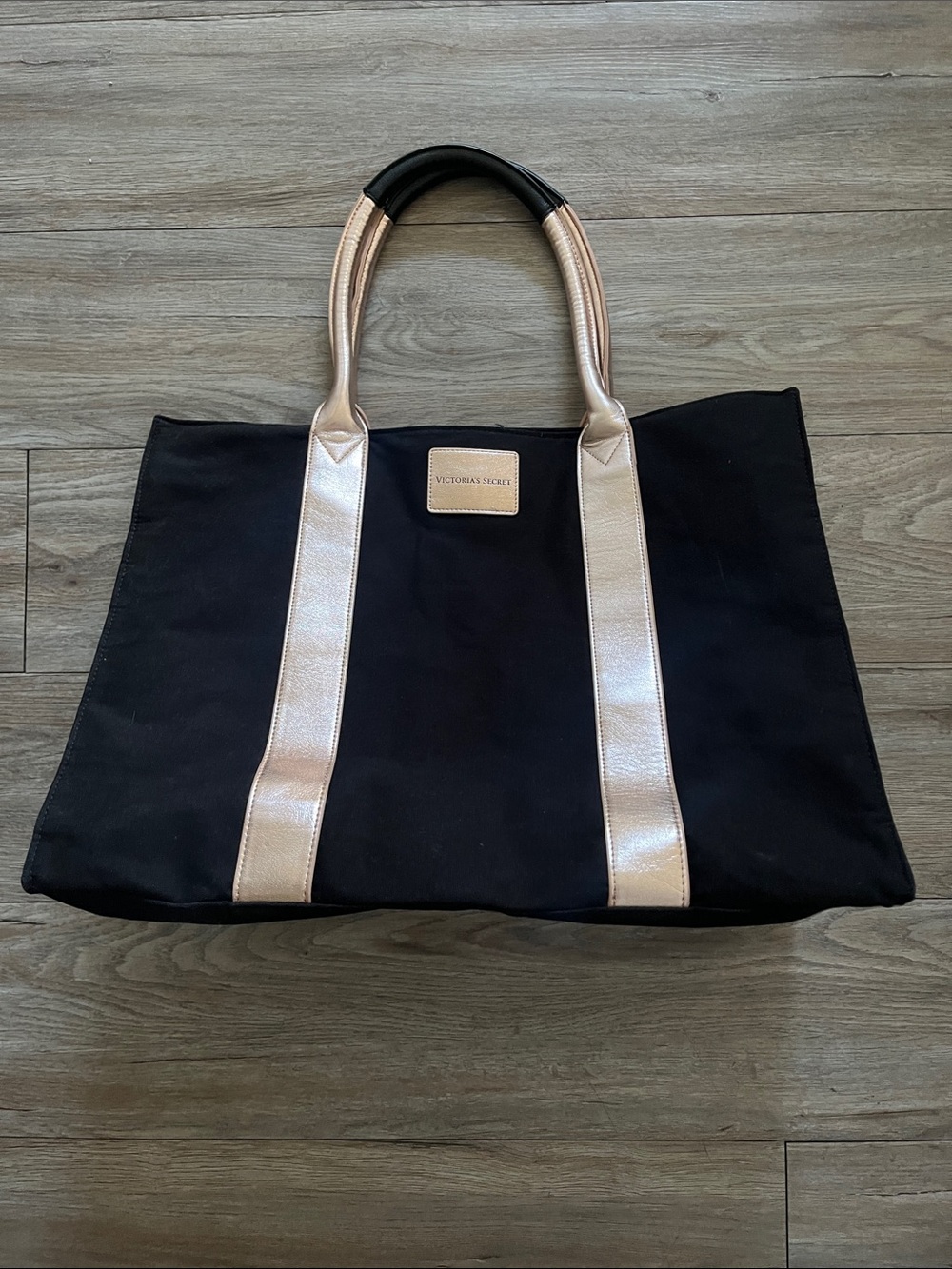 Victoria's Secret Black Tote with Metallic Pink Straps 19” by 14” depth 8”